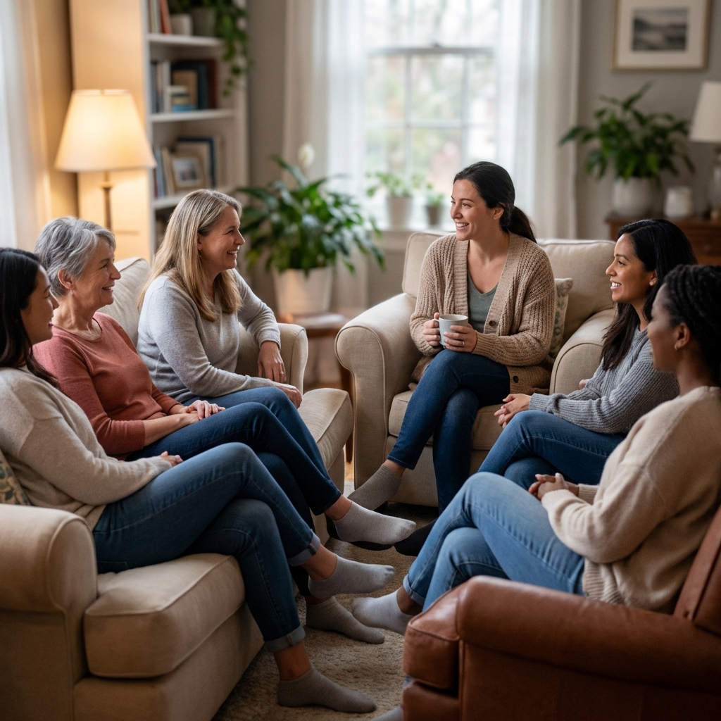 קבוצת נשים תומכת וחייכנית במעגל הקשבה - קבוצת תמיכה להחלמה מקשר נרקיסיסטי